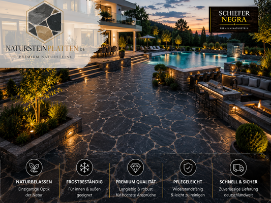 100 m² Schiefer Polygonalplatten Negra für eine exklusive Terrasse in einer modernen Luxusgartenanlage.