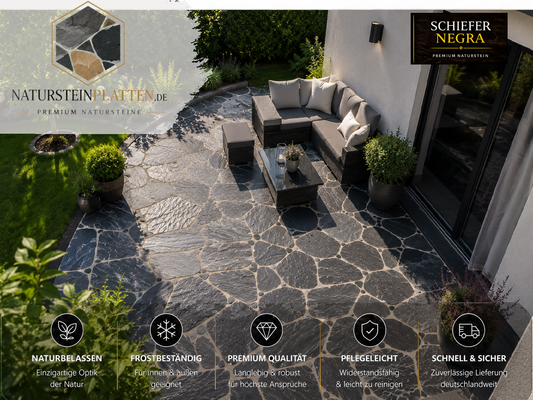 10 m² Schiefer Polygonalplatten Negra für eine moderne Natursteinterrasse im Garten.