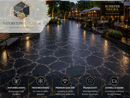 110 m² Schiefer Polygonalplatten Negra für eine großzügige Terrasse in einer Hotel- oder Villenanlage aus hochwertigem Naturstein.