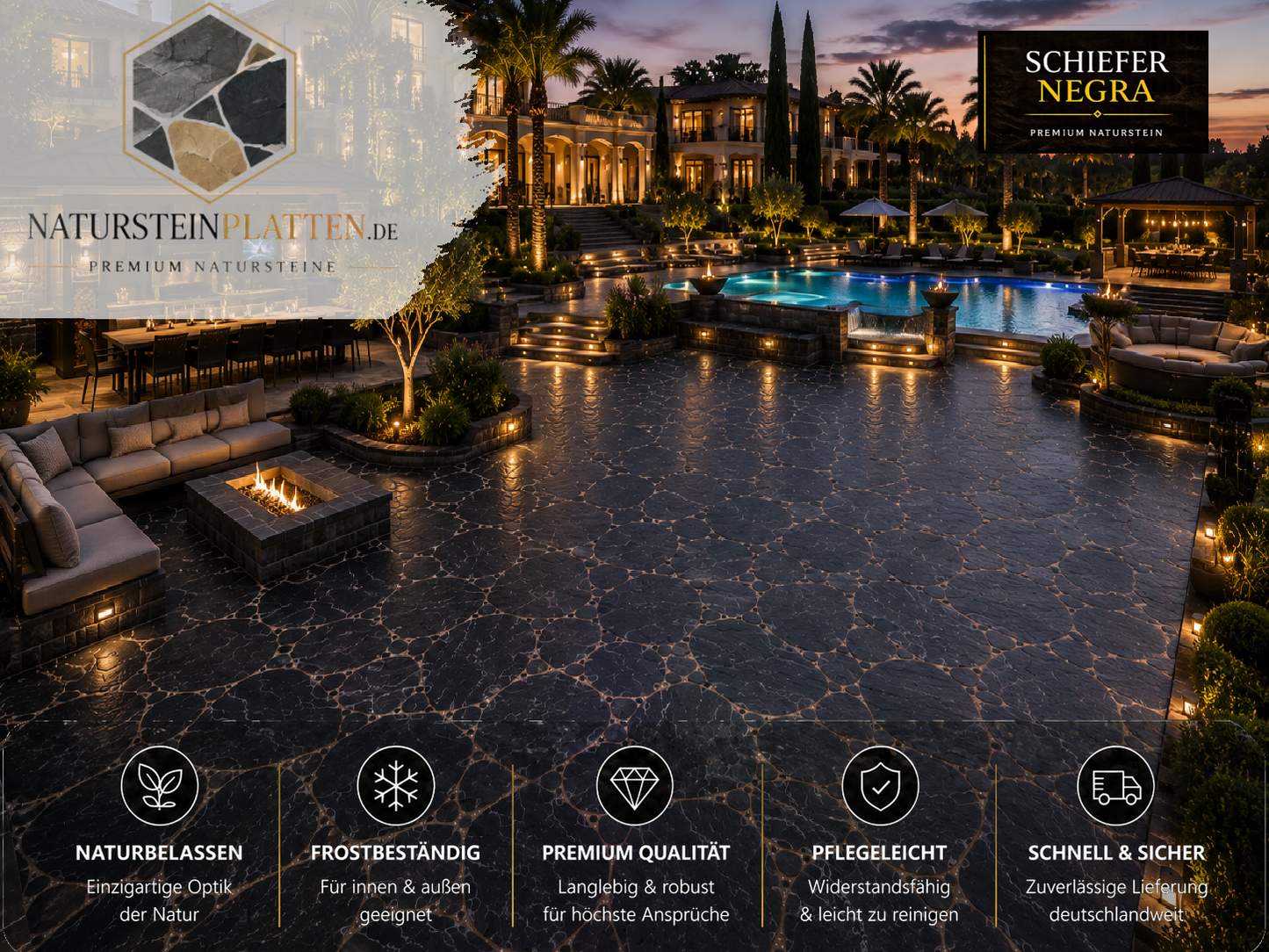 120 m² Schiefer Polygonalplatten Negra für großflächige Terrassen, Hotelanlagen, Gastronomie und exklusive Außenbereiche. Hochwertiger Naturstein – nur 39 €/m² inklusive versandkostenfreier Lieferung.