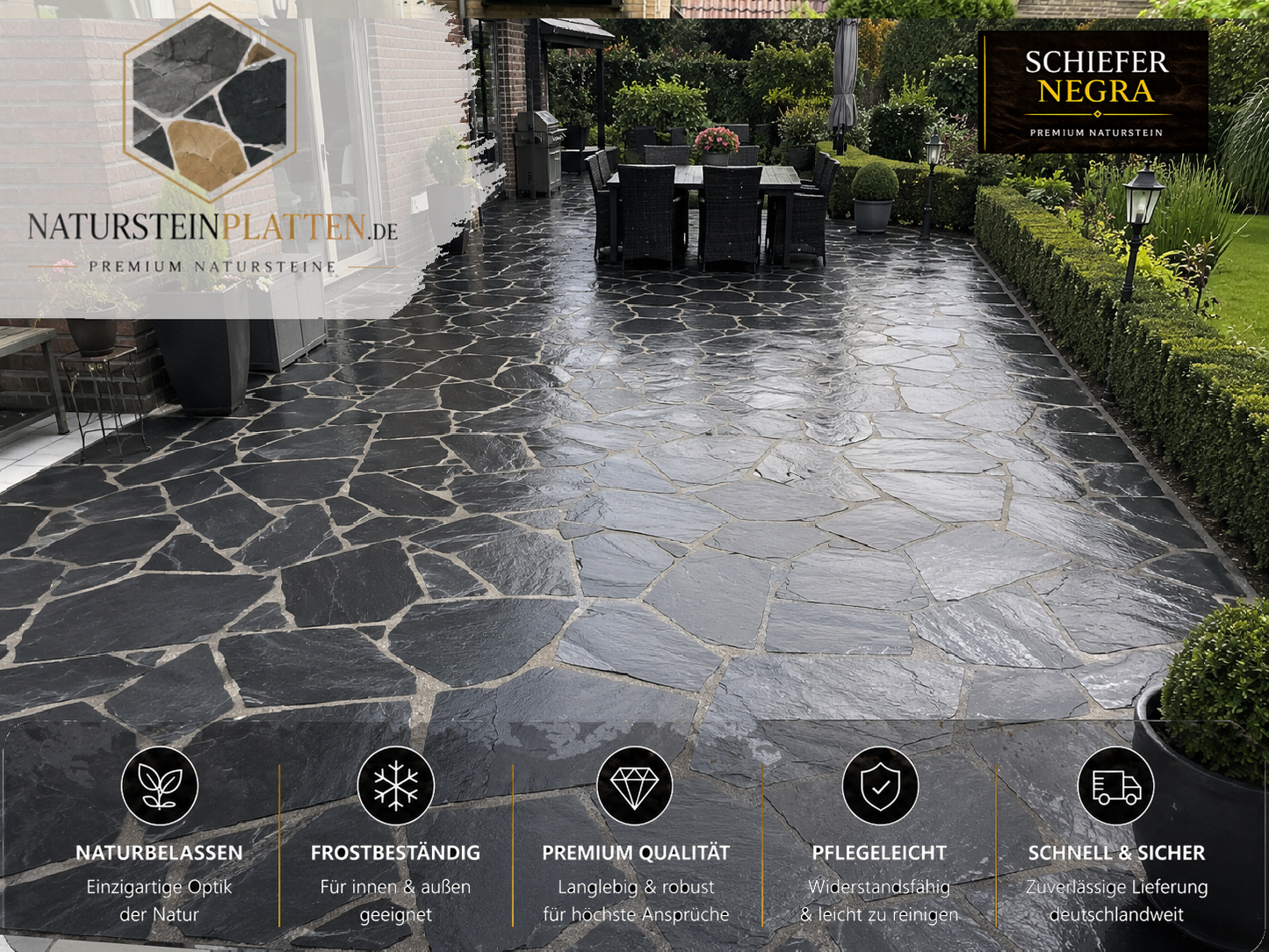 30 m² Schiefer Polygonalplatten Negra für eine moderne Terrasse aus schwarzem Naturstein.