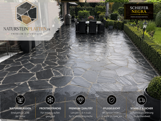 30 m² Schiefer Polygonalplatten Negra für eine moderne Terrasse aus schwarzem Naturstein.