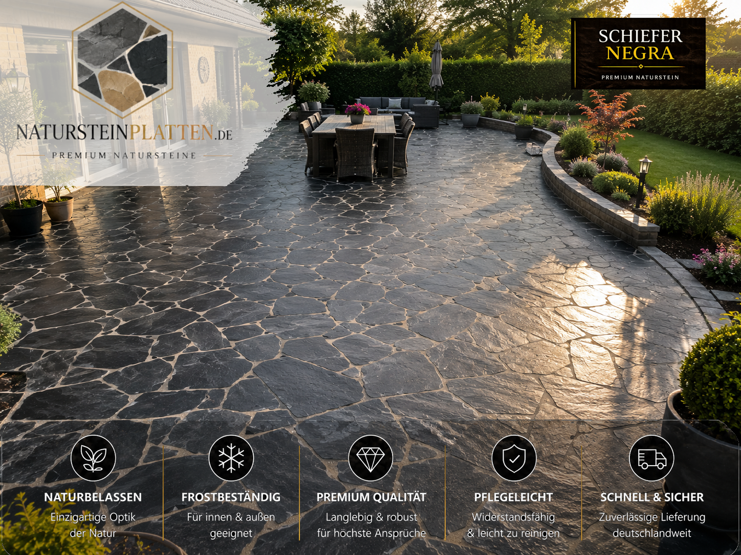 50 m² Schiefer Polygonalplatten Negra für eine moderne Terrasse aus hochwertigem Naturstein.
