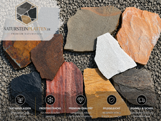 Musterstücke von Natursteinplatten zur Farbauswahl und Qualitätsprüfung – Naturstein vor dem Kauf bequem zu Hause vergleichen.