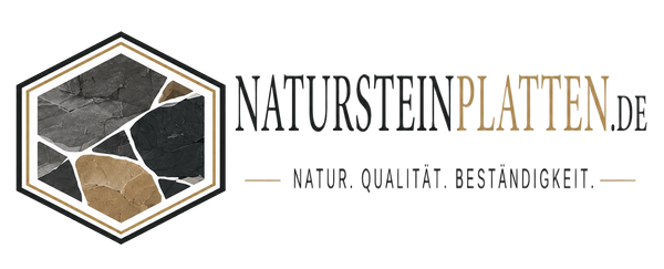 Logo von Natursteinplatten.de mit sechseckigem Emblem aus verschiedenen Natursteinplatten in Grau-, Anthrazit- und Beigetönen.