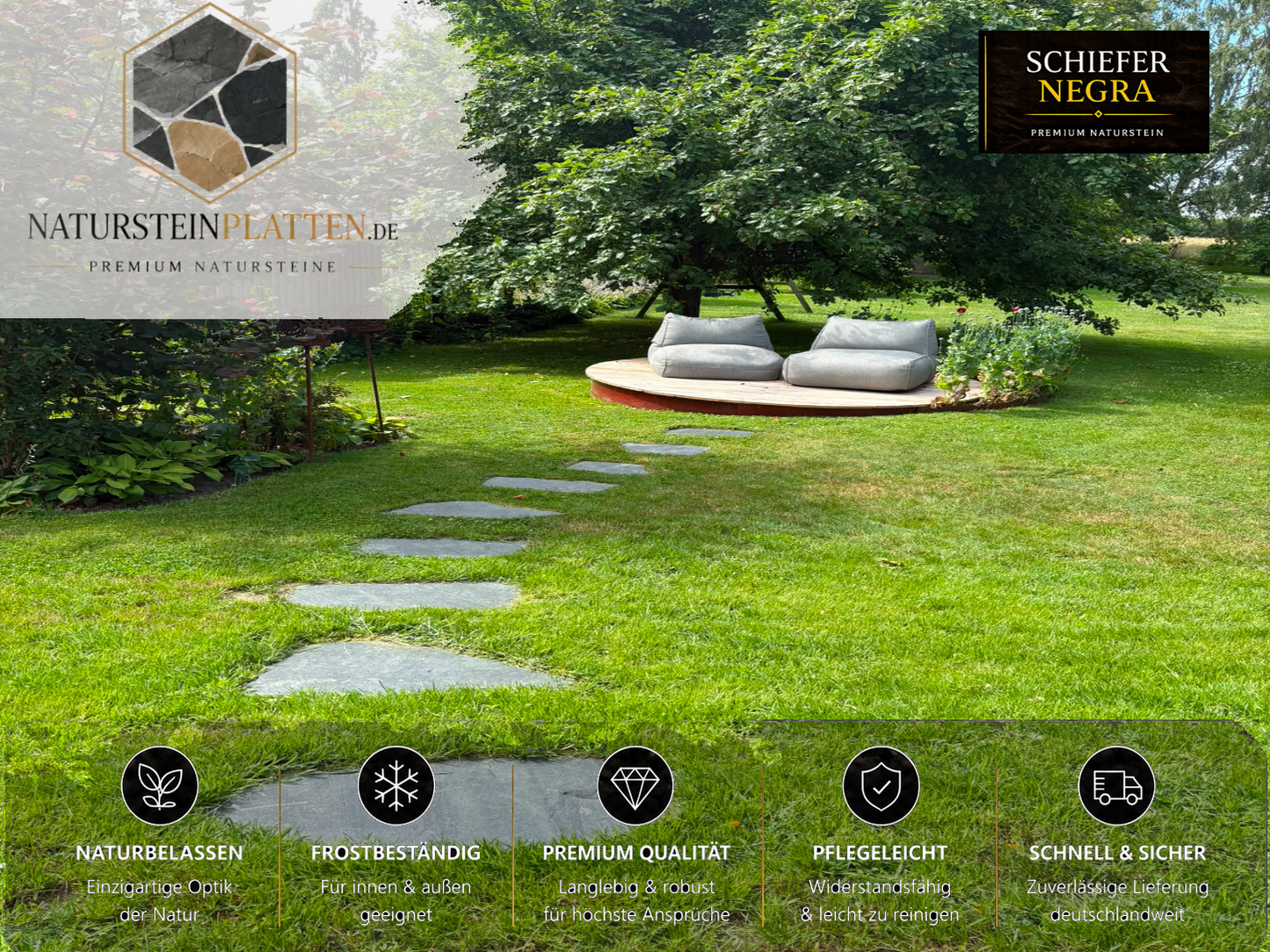 Polygonale Schiefer Trittplatten Negra als Gartenweg im Rasen mit Sitzplatz aus Naturstein.